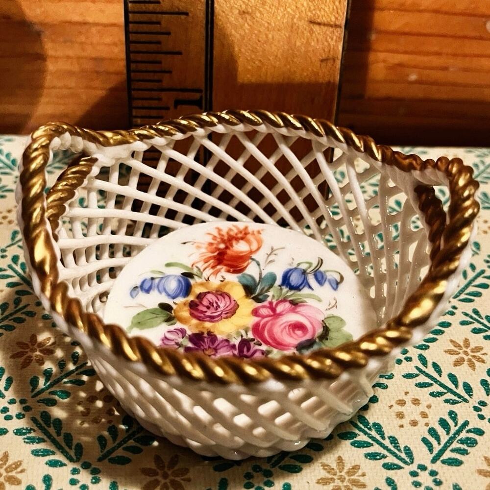 Dresden Mini Porcelain Basket, Reticulated • Floral • Gold Trim • Made in Saxony - Picture 2 of 6